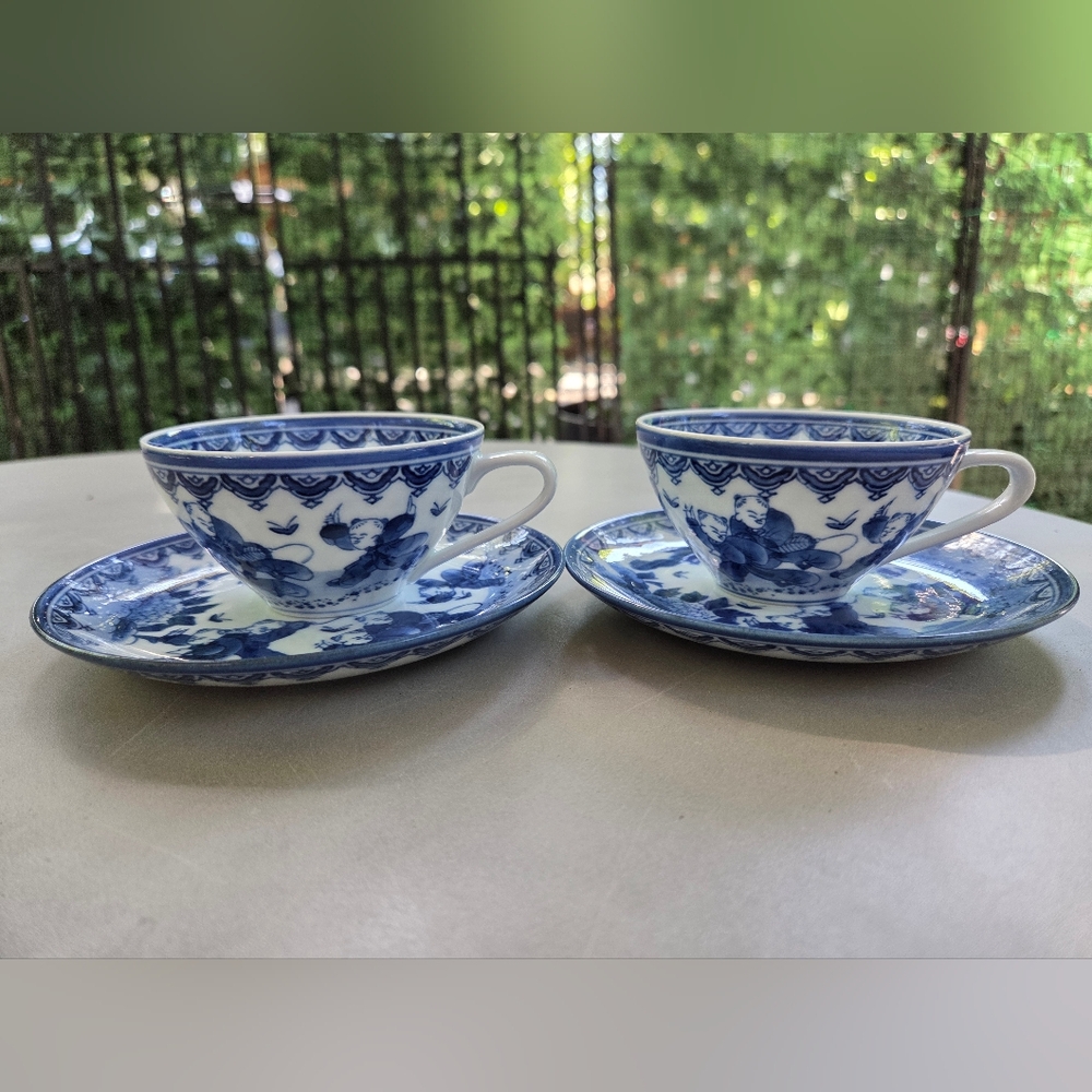 Pair Of Vintage Nabeshima Japan Cups & Saucers Children Playing W/ Butterflies